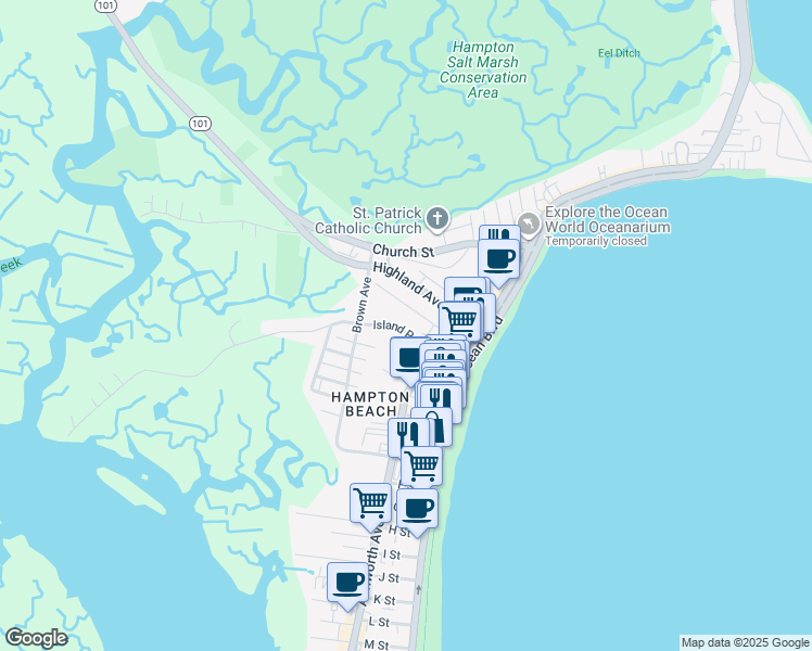 map of restaurants, bars, coffee shops, grocery stores, and more near 24 Island Path in Hampton