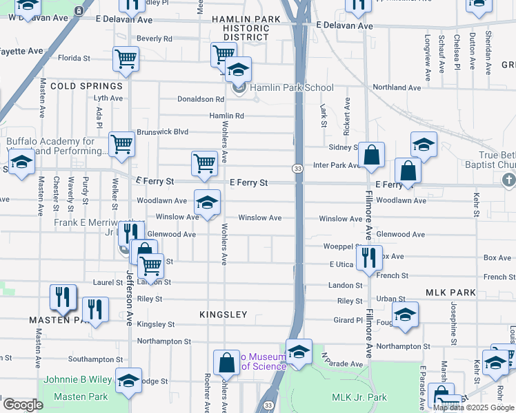 map of restaurants, bars, coffee shops, grocery stores, and more near 507 Woodlawn Ave in Buffalo