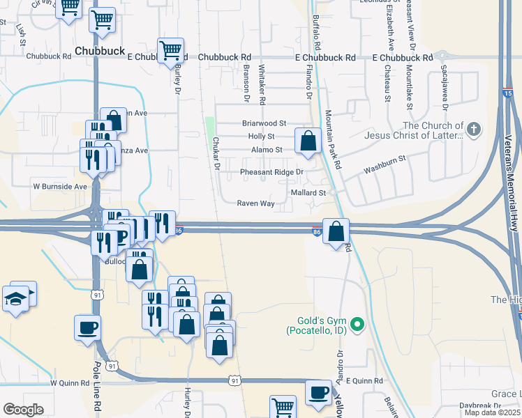map of restaurants, bars, coffee shops, grocery stores, and more near 503 Raven Way in Chubbuck