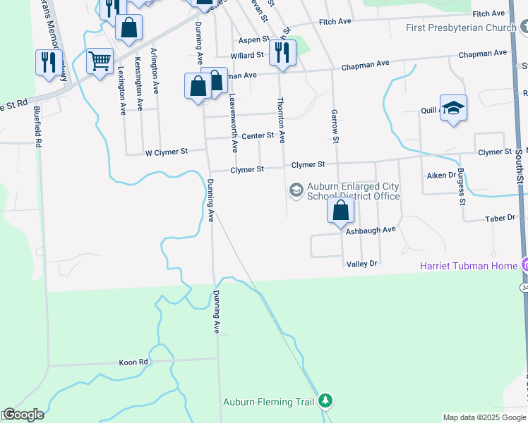 map of restaurants, bars, coffee shops, grocery stores, and more near 87 Thornton Avenue in Auburn
