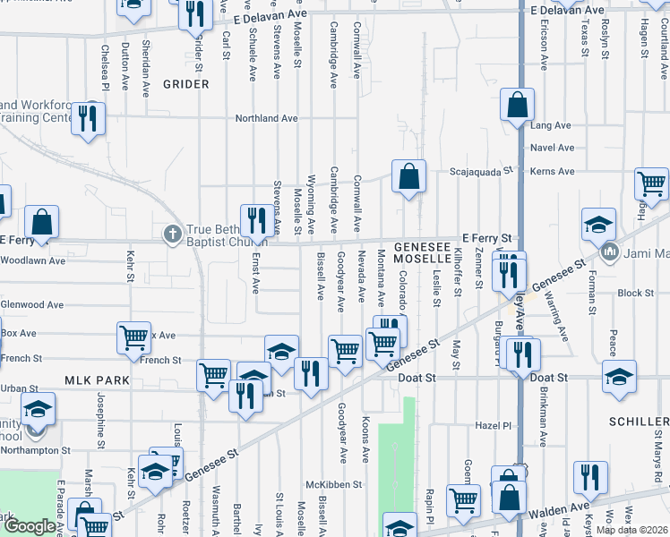 map of restaurants, bars, coffee shops, grocery stores, and more near 633 Goodyear Avenue in Buffalo