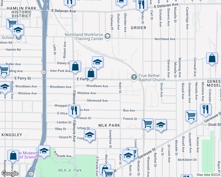 map of restaurants, bars, coffee shops, grocery stores, and more near 831 Woodlawn Avenue in Buffalo