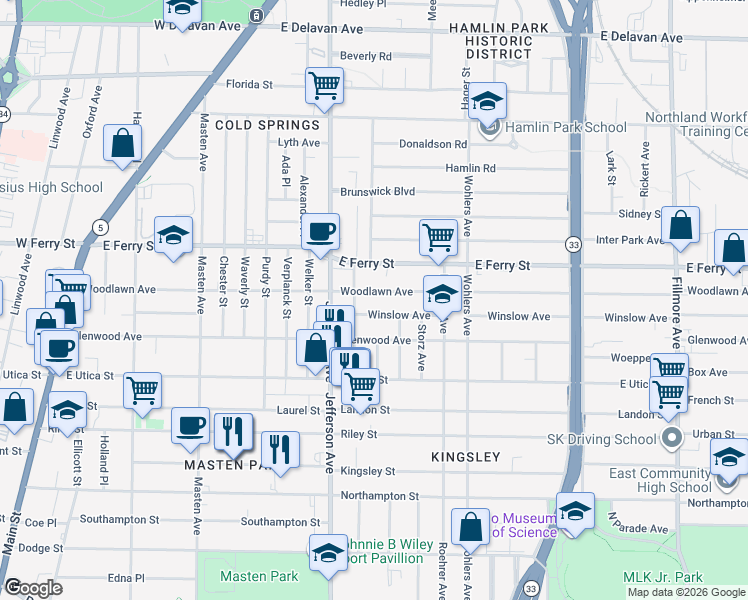 map of restaurants, bars, coffee shops, grocery stores, and more near 20 Winslow Avenue in Buffalo