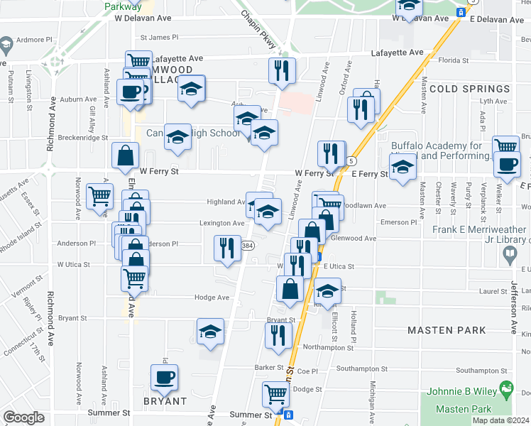 map of restaurants, bars, coffee shops, grocery stores, and more near 392 Linwood Avenue in Buffalo