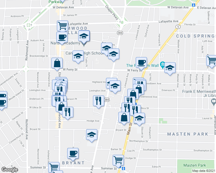 map of restaurants, bars, coffee shops, grocery stores, and more near 1088 Delaware Avenue in Buffalo