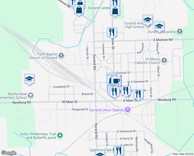 map of restaurants, bars, coffee shops, grocery stores, and more near 211 North Oak Street in Durand