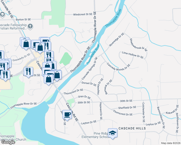 map of restaurants, bars, coffee shops, grocery stores, and more near 2770 Hayward Drive Southeast in Grand Rapids