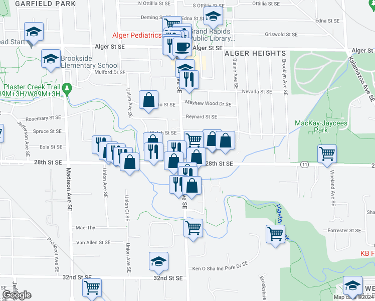 map of restaurants, bars, coffee shops, grocery stores, and more near 2740 Eastern Avenue Southeast in Grand Rapids