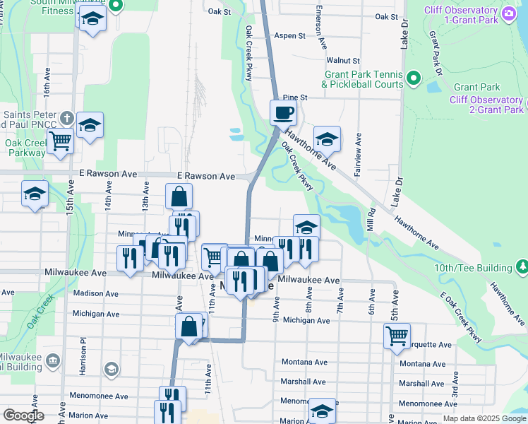 map of restaurants, bars, coffee shops, grocery stores, and more near 912 Manitoba Avenue in South Milwaukee