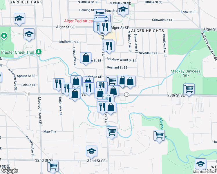 map of restaurants, bars, coffee shops, grocery stores, and more near 2740 Eastern Avenue Southeast in Grand Rapids
