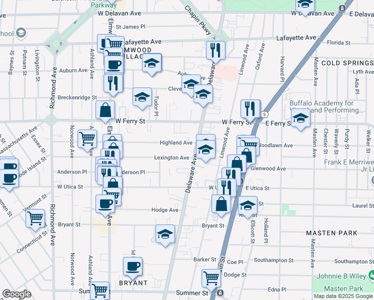 map of restaurants, bars, coffee shops, grocery stores, and more near 1088 Delaware Avenue in Buffalo