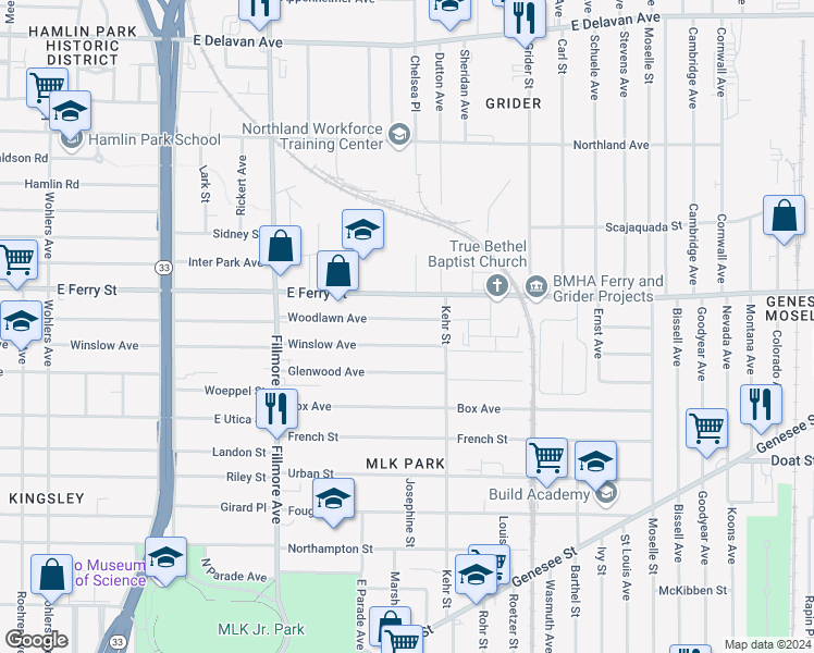 map of restaurants, bars, coffee shops, grocery stores, and more near 831 Woodlawn Avenue in Buffalo