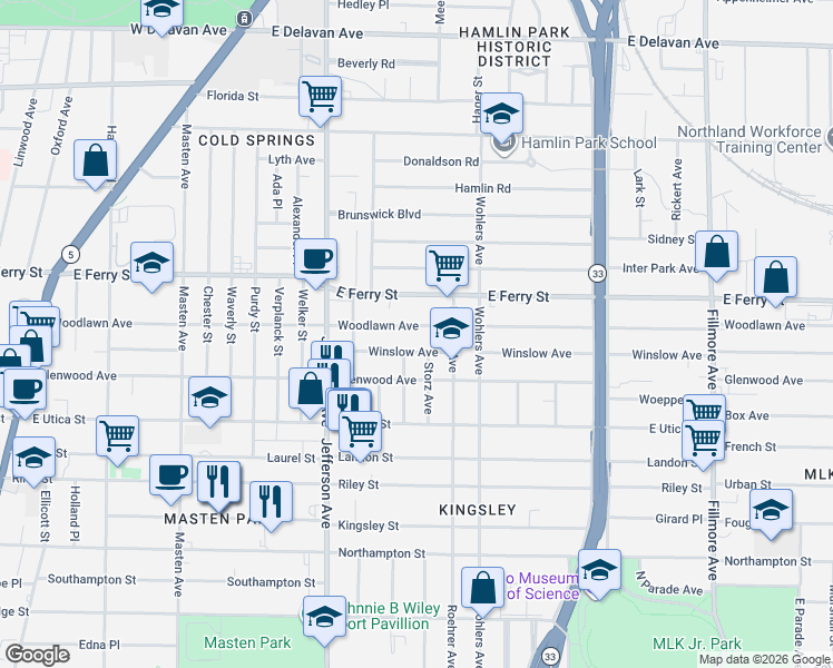 map of restaurants, bars, coffee shops, grocery stores, and more near 387 Woodlawn Avenue in Buffalo