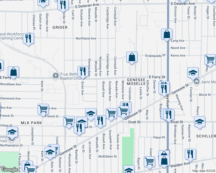 map of restaurants, bars, coffee shops, grocery stores, and more near 633 Goodyear Avenue in Buffalo