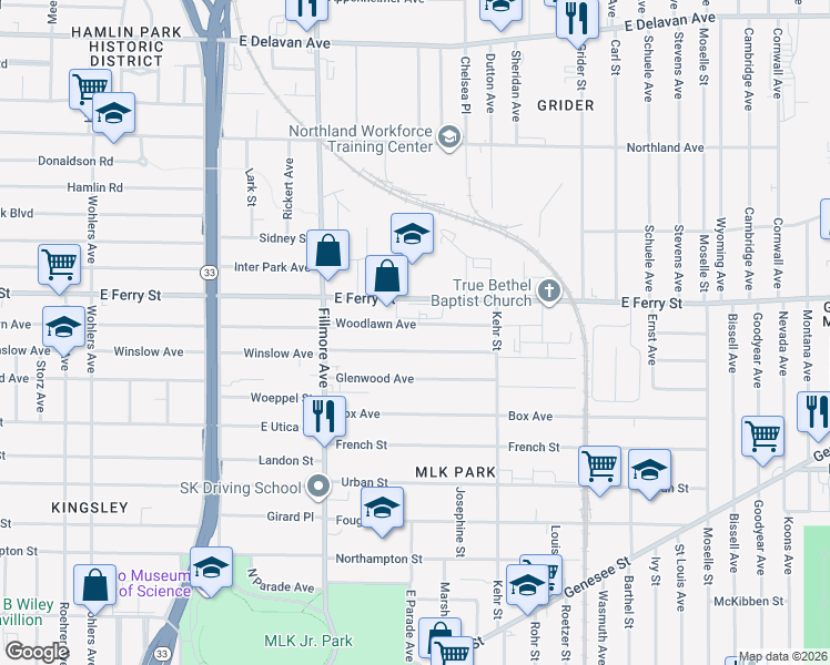 map of restaurants, bars, coffee shops, grocery stores, and more near 783 Woodlawn Avenue in Buffalo