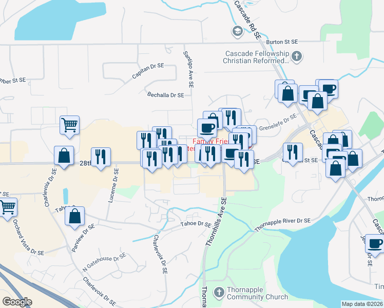 map of restaurants, bars, coffee shops, grocery stores, and more near 6343 28th Street Southeast in Grand Rapids