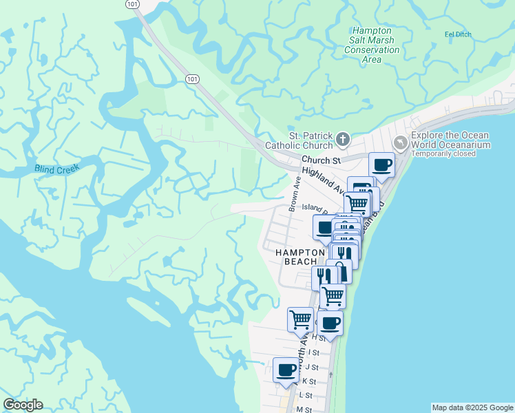 map of restaurants, bars, coffee shops, grocery stores, and more near 84 Island Path in Hampton