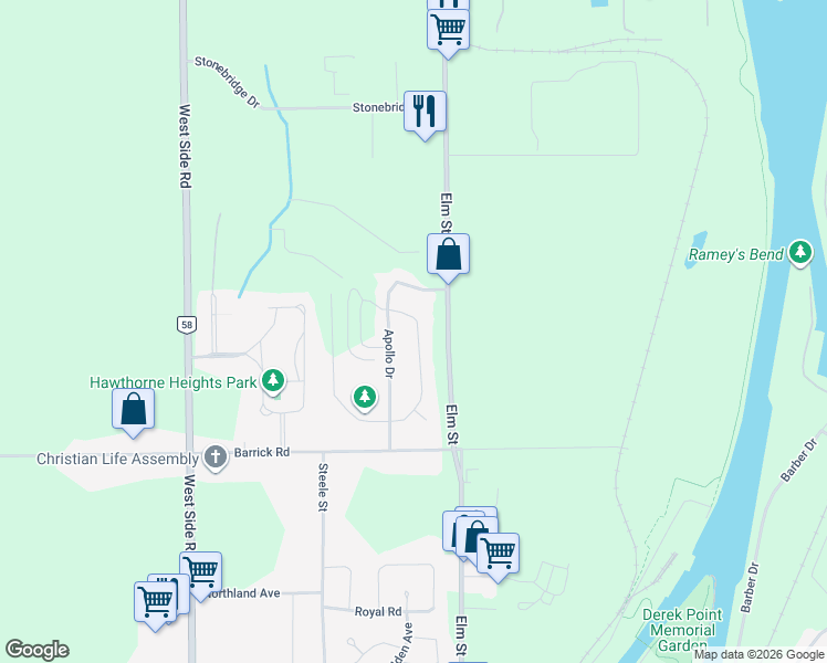 map of restaurants, bars, coffee shops, grocery stores, and more near 58 Saturn Road in Port Colborne