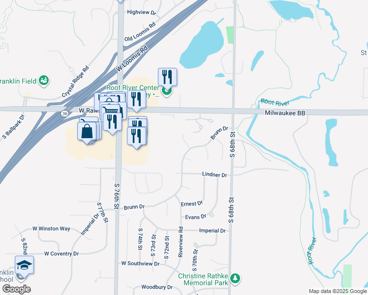 map of restaurants, bars, coffee shops, grocery stores, and more near 7151 Beachwood Court in Franklin