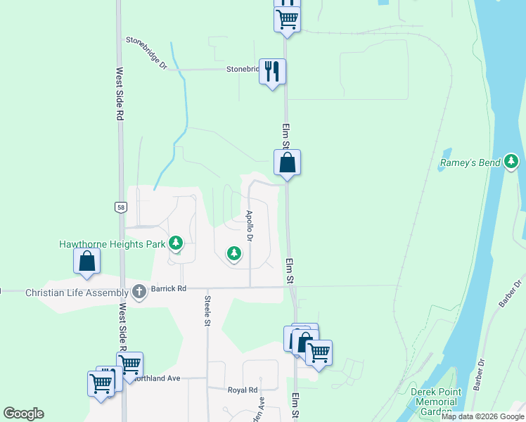 map of restaurants, bars, coffee shops, grocery stores, and more near 58 Saturn Road in Port Colborne