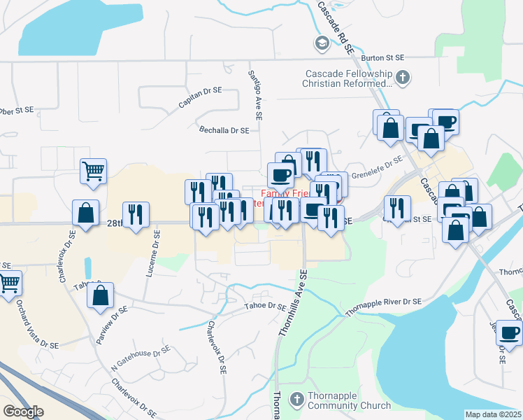 map of restaurants, bars, coffee shops, grocery stores, and more near 6335 28th Street Southeast in Grand Rapids