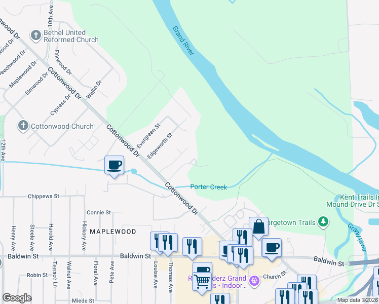 map of restaurants, bars, coffee shops, grocery stores, and more near 7884 Cottonwood Drive in Georgetown Township