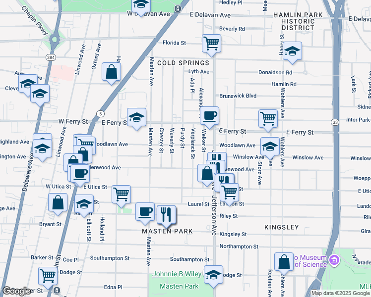 map of restaurants, bars, coffee shops, grocery stores, and more near 125 Purdy Street in Buffalo