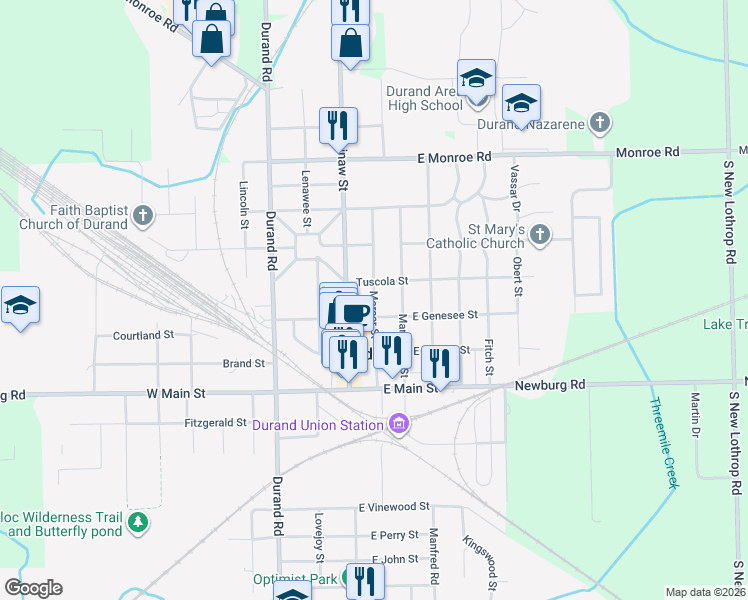 map of restaurants, bars, coffee shops, grocery stores, and more near 303 Mercer St in Durand