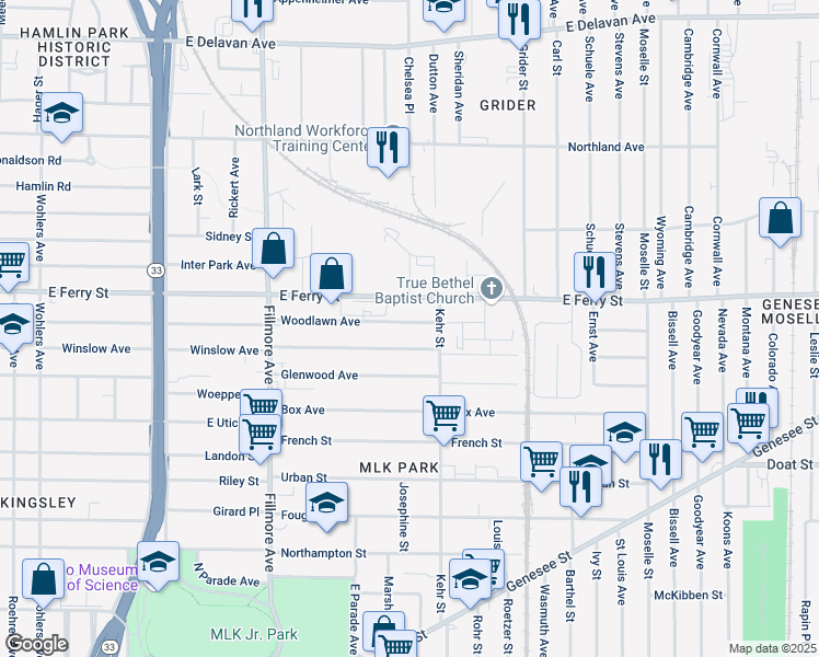 map of restaurants, bars, coffee shops, grocery stores, and more near 831 Woodlawn Avenue in Buffalo