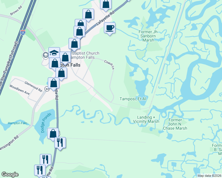 map of restaurants, bars, coffee shops, grocery stores, and more near 34 Coach Lane in Hampton Falls