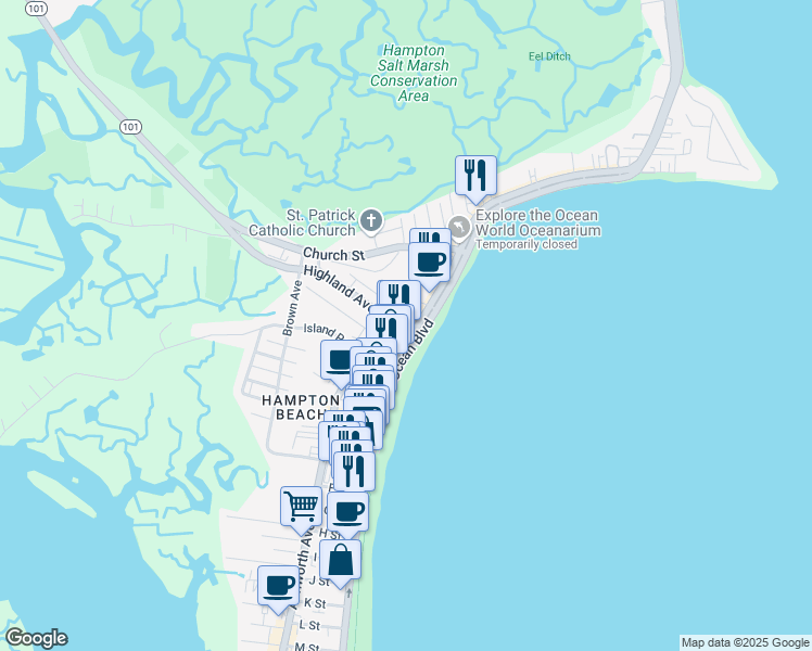 map of restaurants, bars, coffee shops, grocery stores, and more near 313 Ocean Boulevard in Hampton