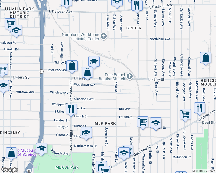 map of restaurants, bars, coffee shops, grocery stores, and more near 831 Woodlawn Avenue in Buffalo