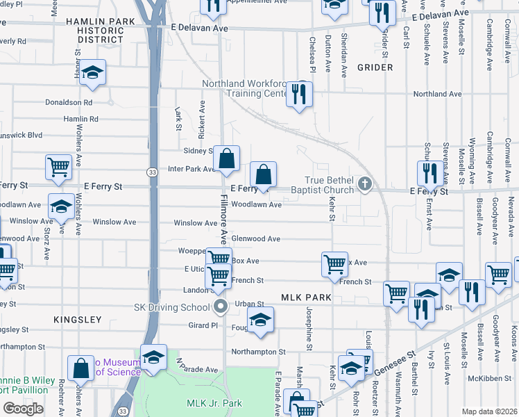 map of restaurants, bars, coffee shops, grocery stores, and more near 424 Winslow Avenue in Buffalo