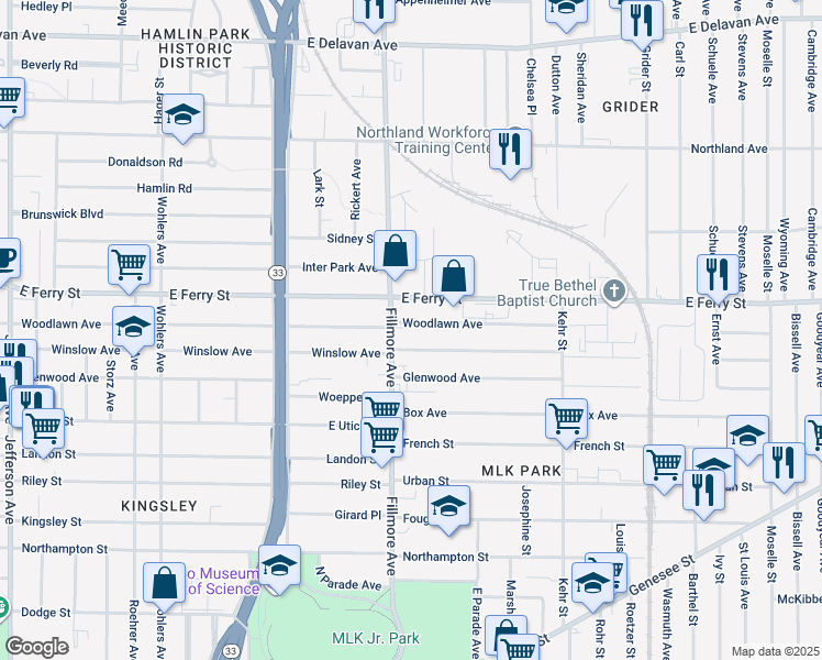 map of restaurants, bars, coffee shops, grocery stores, and more near 1455 Fillmore Avenue in Buffalo