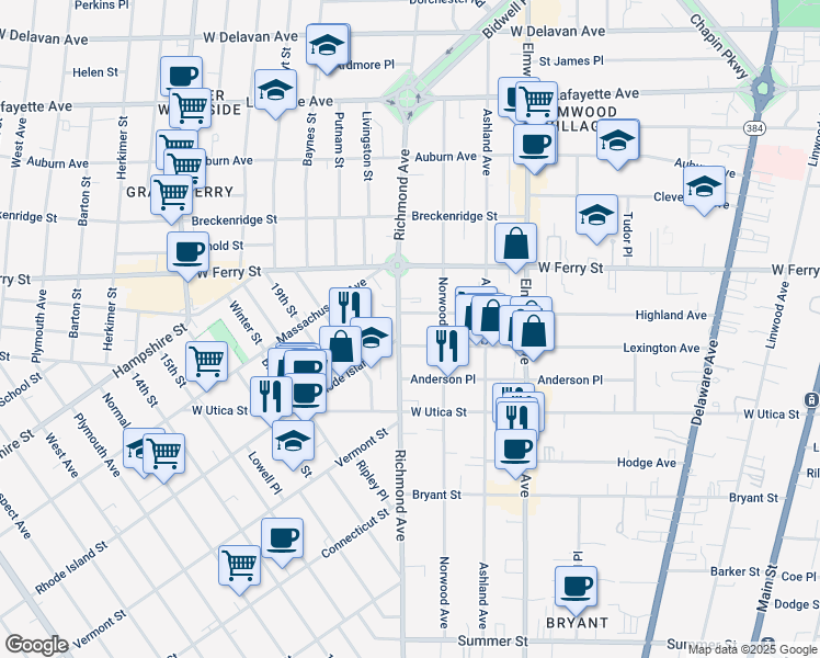 map of restaurants, bars, coffee shops, grocery stores, and more near in Buffalo