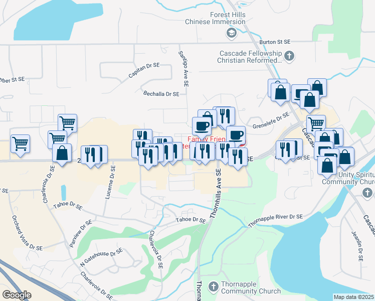 map of restaurants, bars, coffee shops, grocery stores, and more near 6343-6425 28th St SE in Grand Rapids