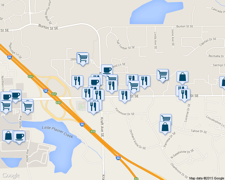 map of restaurants, bars, coffee shops, grocery stores, and more near 5665 28th Street Southeast in Grand Rapids