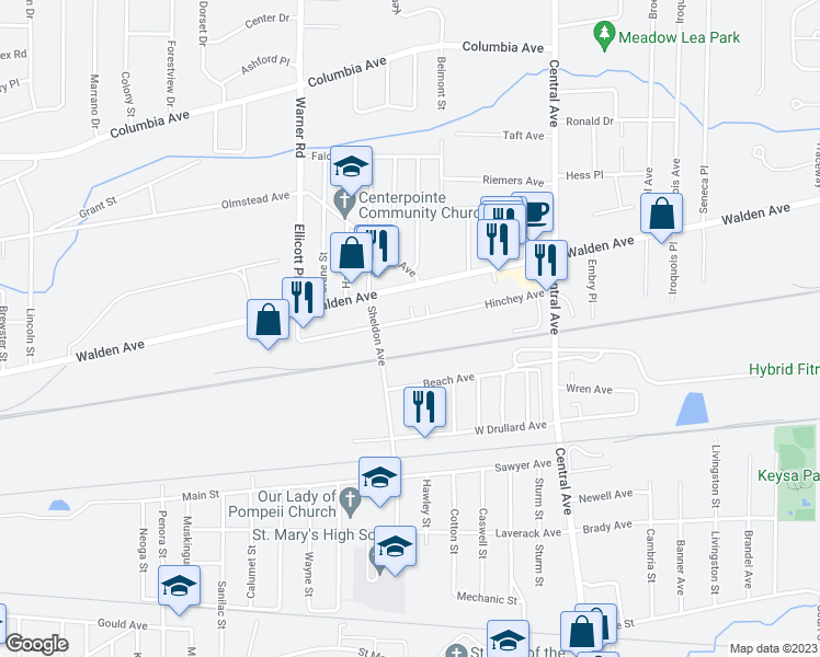 map of restaurants, bars, coffee shops, grocery stores, and more near 104 Hinchey Avenue in Lancaster