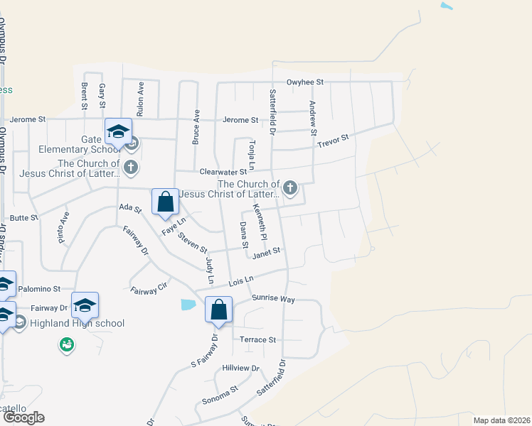 map of restaurants, bars, coffee shops, grocery stores, and more near 2107 Kenneth Place in Pocatello