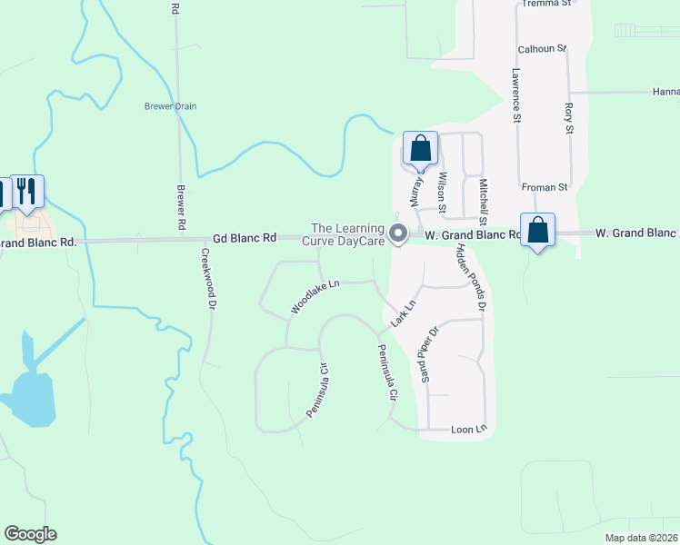 map of restaurants, bars, coffee shops, grocery stores, and more near 1448 Woodlake Lane in Grand Blanc