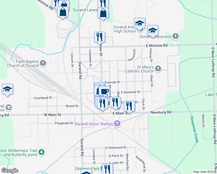 map of restaurants, bars, coffee shops, grocery stores, and more near 303 Mercer Street in Durand