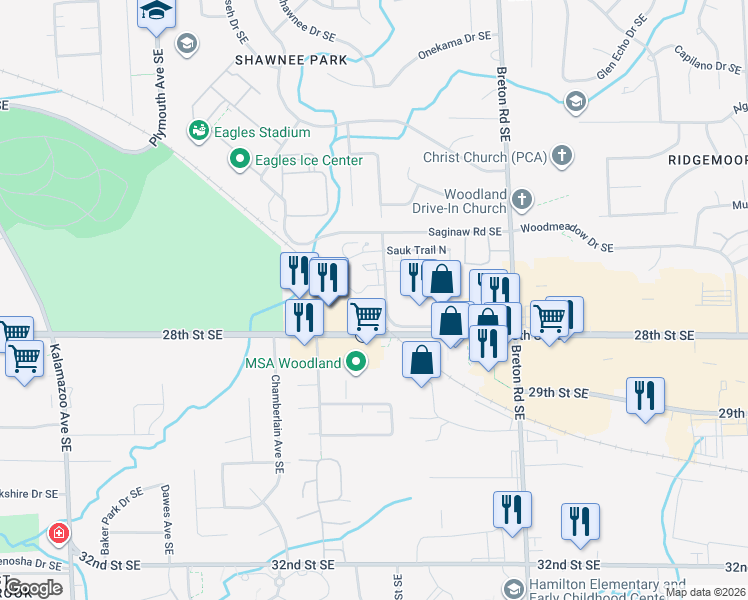map of restaurants, bars, coffee shops, grocery stores, and more near 2755 Birchcrest Drive Southeast in Grand Rapids