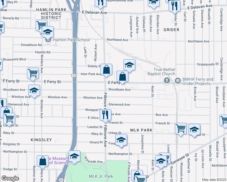 map of restaurants, bars, coffee shops, grocery stores, and more near 723 Woodlawn Avenue in Buffalo