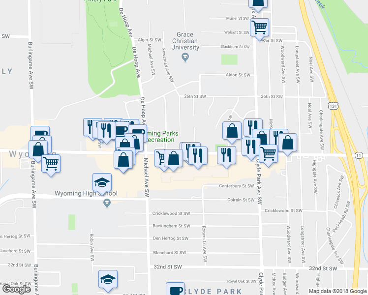 map of restaurants, bars, coffee shops, grocery stores, and more near 1031 28th Street Southwest in Wyoming