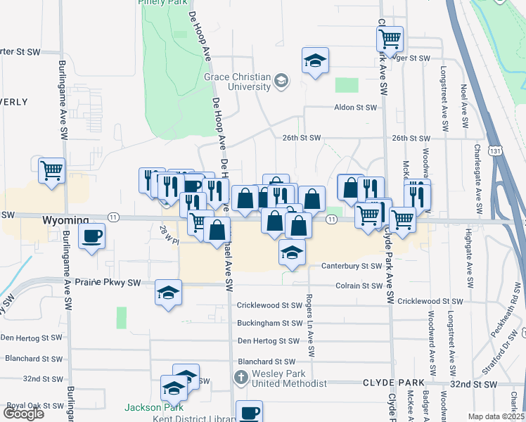 map of restaurants, bars, coffee shops, grocery stores, and more near 1105 28th Street Southwest in Wyoming