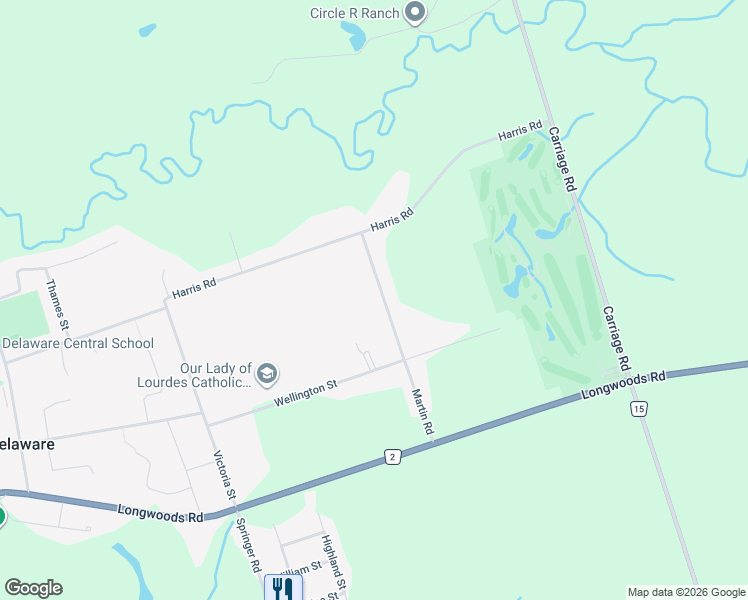 map of restaurants, bars, coffee shops, grocery stores, and more near 165 Martin Road in Delaware