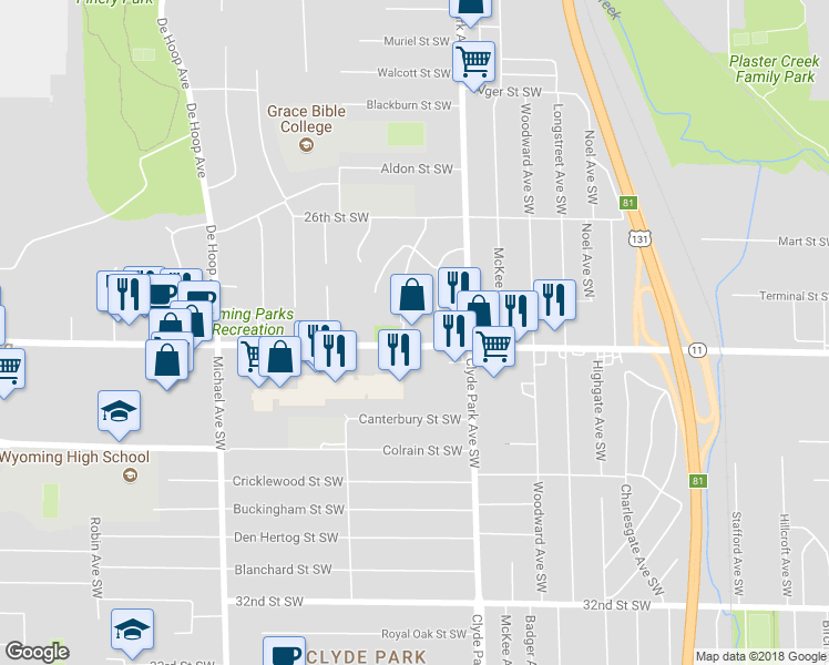 map of restaurants, bars, coffee shops, grocery stores, and more near 859 28th Street Southwest in Wyoming