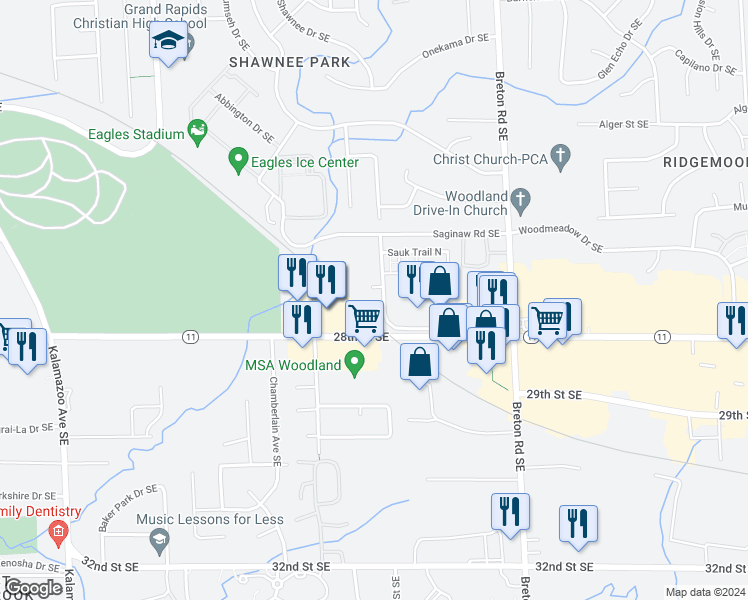 map of restaurants, bars, coffee shops, grocery stores, and more near 2755 Birchcrest Drive Southeast in Grand Rapids