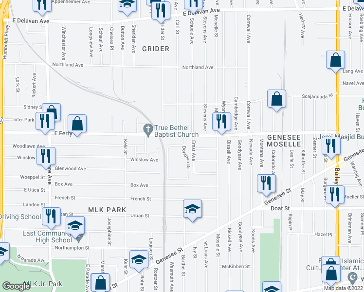 map of restaurants, bars, coffee shops, grocery stores, and more near 6 Donovan Drive in Buffalo