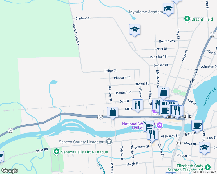 map of restaurants, bars, coffee shops, grocery stores, and more near 42 Chestnut Street in Seneca Falls